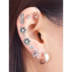 Silver Stud Earrings Set Embossed Flower Skull Ear Cuffs Jewelry
