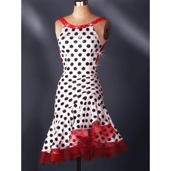 Latin Dance Dress Backless Round Neck Sleeveless Polka Dot Color Block Ruffles White Latin Dance Costume