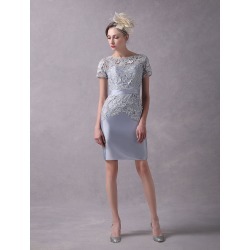 Wedding Guest Dresses Sheath Short Sleeve Mother Dress Light Grey Sash Lace Taffeta Wedding Party Dresses