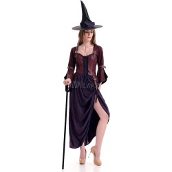 Halloween Costume Women's Demon Witch Cosplay Mardi Gras Purple Long Sleeve High Split Dress And Hat Halloween