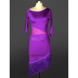 Latin Dance Dress Round Neck Half Sleeve Semi Sheer Fringes Irregular Design Bodycon Latin Dance Costume