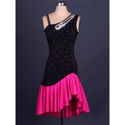 Latin Dance Dress Irregular Design Sleeveless Rhinestones Ruffles Cut Out Bodycon Latin Dance Costume