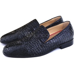 Black Slip On Shoes Men's PU Leather Crocodile Pattern Fashion Shoes
