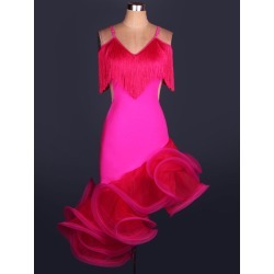 Latin Dance Dress Organza V Neck Spaghetti Strap Fringes Cut Out Irregular Hem Bodycon Latin Dance Costume