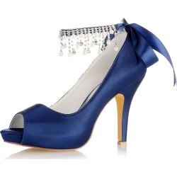 Wedding Guest Shoes Deep Blue Mother Shoes Peep Toe Pearls Ankle Strap Wedding Shoes