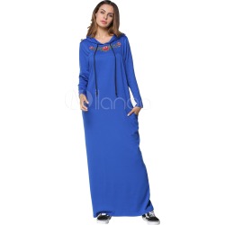Women Kaftan Dress Blue Floral Long Sleeve Maxi Hoodie Dress