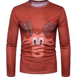 Men's T Shirt Round Neck Long Sleeve Printed Brick Red Top