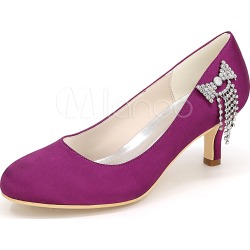 Wedding Guest Shoes Satin Round Toe Rhinestones Slip On Pumps Purple Wedding Shoes