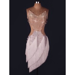 Latin Dance Dress Spaghetti Strap Sleeveless Pearls Beaded Backless Fringes Sexy Latin Dance Costume