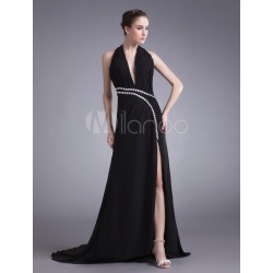 Sexy Black Chiffon Rhinestone Halter Fashion Evening Dress