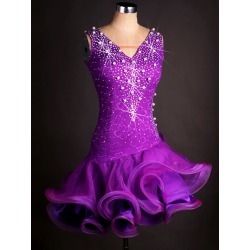 Latin Dance Costumes Purple Beading V Neck Sleeveless Asymmetrical Dress Dance Costumes