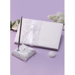 Ivory Lace Bows Wedding Books and Pens