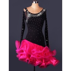 Latin Dance Dress Velour Long Sleeve Irregular Design Rhinestones Backless Two Tone Ruffles Latin Dance Costume