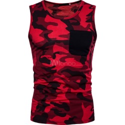 Men Sleeveless Top Camo Print Pocket Cotton Tank Top