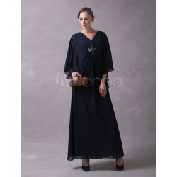 Wedding Guest Dress Dark Navy Arabic Mother Of The Bride Dresses Long V Neck Chiffon Beaded Wedding Guest Dress