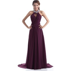 Sexy Grape Chiffon Rhinestone Halter Fashion Evening Dress