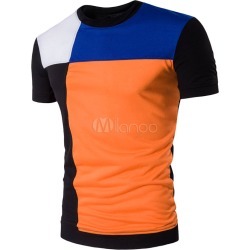 Orange Men's T Shirt Short Sleeve Printed Color Block Summer Tee Shirt Tops
