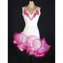 Latin Dance Costume White Sleeveless Flowers Beaded Ruffle Asymmetrical Dance Costume