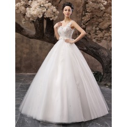 White Ball Gown V-Neck Beading Floor-Length Bridal Wedding Gown