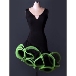 Latin Dance Costume Organza Patchwork Two Tone V Neck Sleeveless Irregular Design Ruffles Latin Dance Dress