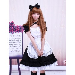 Sweet Black Cotton Maid Lolita One-piece White Apron Short Sleeves Lace Trim