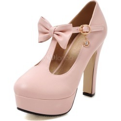 Pink High Heels Platform Women's Round Toe T Type Bandage Bow High Heel Shoes
