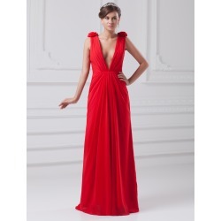 Chic Red Chiffon Floral V-Neck Fashion Evening Dress