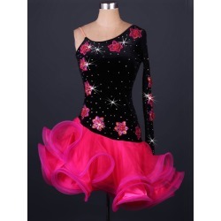 Latin Dance Dress Velour One Shoulder Flowers Rhinestones Beaded Two Tone Backless Ruffles Latin Dance Costume