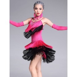 Latin Dance Costumes Fuchsia Tassels Detail Women's Dance Costumes In 4 Piece Set