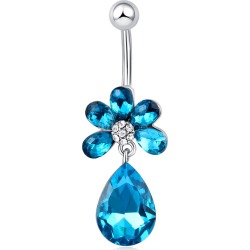 Blue Belly Rings Dangle Belly Button Rings Copper Flower Rhinestone Drop Body Piercing Jewelry