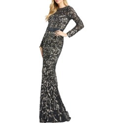 Floral Sequin Long-Sleeve Illusion Gown