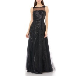 Sequin Stripe Sleeveless Illusion Bodice Tulle Gown