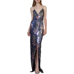 Sequin Sleeveless Faux-Wrap Column Gown