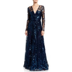 Sequin Embroidered V-Neck Gown