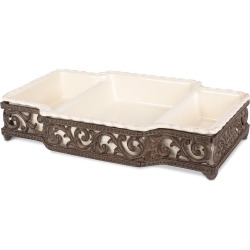 Stoneware 3-Part Server with Metal Acanthus Leaf Base