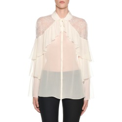 Tiered-Ruffled Lace-Yoke Chiffon Blouse