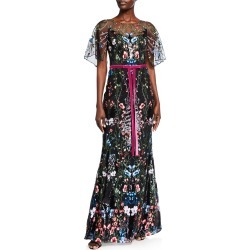 Cape-Sleeve Multicolor Sequin Embroidered Gown