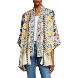Bonian Floral-Print One-Button Silk Twill Kimono w/ Embroidered Trim