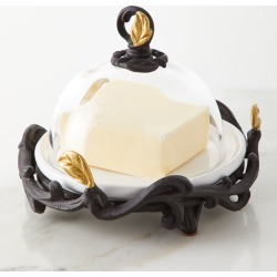 White Stoneware Glass Butter Tidbit Server with Metal Gold Leaf Base
