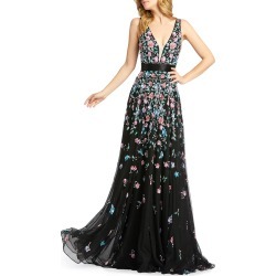 3D Sequin Applique Floral V-Neck Sleeveless Gown