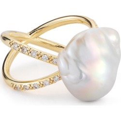 Pearl & Diamond Crossover Ring in 14K Gold, Size 7