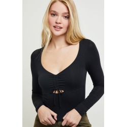 Me To We Womens Carmen Cinched Long Sleeve Top - Black size Large