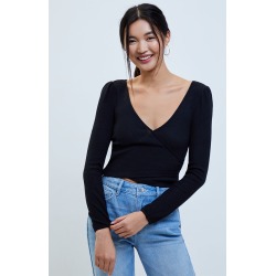 Me To We Womens Surplice Long Sleeve Top - Black size Large