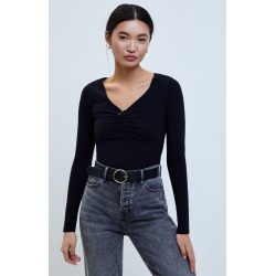 Me To We Womens Long Sleeve Cinched Bow Top - Black size Medium