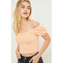 Me To We Womens Pointelle Off The Shoulder Top - Orange size Large