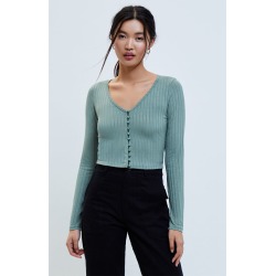 Me To We Womens Long Sleeve Button Front Top - Green size Large