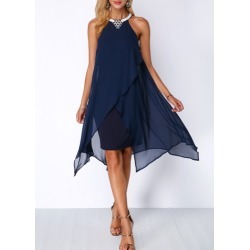 Asymmetric Hem Embellished Neck Navy Blue Chiffon Dress