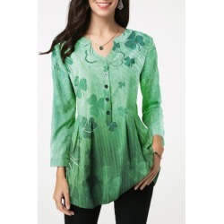 St Patricks Day Button Detail Printed Green Blouse