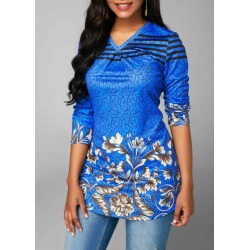 Blue V Neck Printed Long Sleeve Blouse
