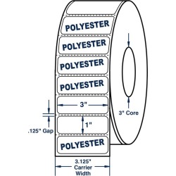 3" x 1" White 2 mil White Polyester Roll Labels Thermal Transfer Labels, Perfed, 5500 per roll (6 Rolls per Carton)